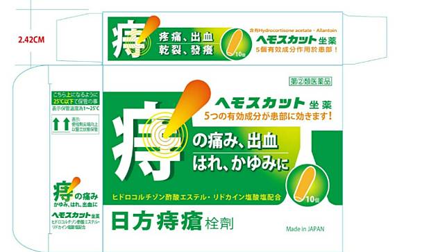 日方痔瘡栓劑外盒。食藥署提供