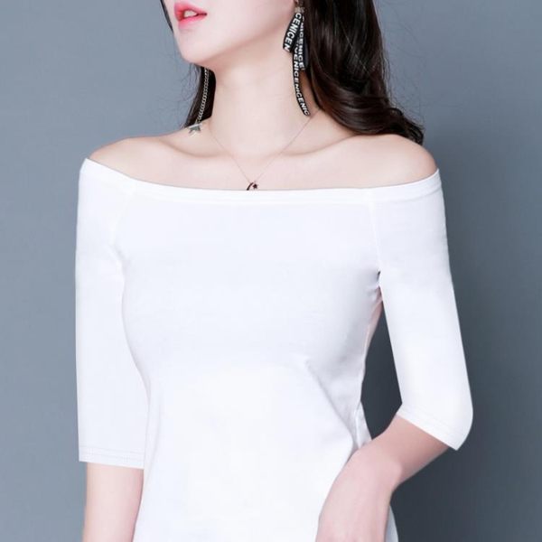 2019新款韓版chic性感露肩一字領棉質上衣 緊身中袖t恤女半袖春裝 薇薇