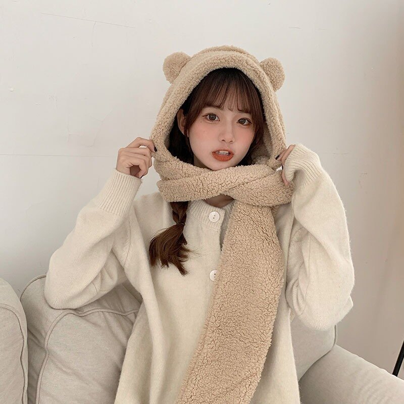 少女小熊耳朵連帽圍脖韓國女裝2021秋冬新款加厚保暖圍巾帽子一體
