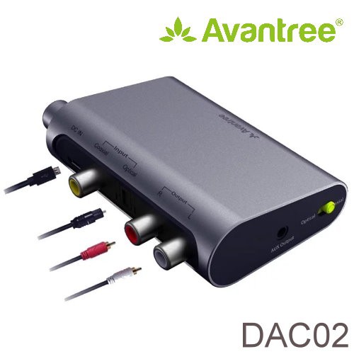 Avantree DAC02 數位類比音源轉換器商品描述針對電視音源輸出僅有光纖孔無法與音源設備RCA接孔直接連接，而設計數位類比音源轉換器DAC02做為銜接，將光纖/同軸數位音源輸入相互轉換成RCA