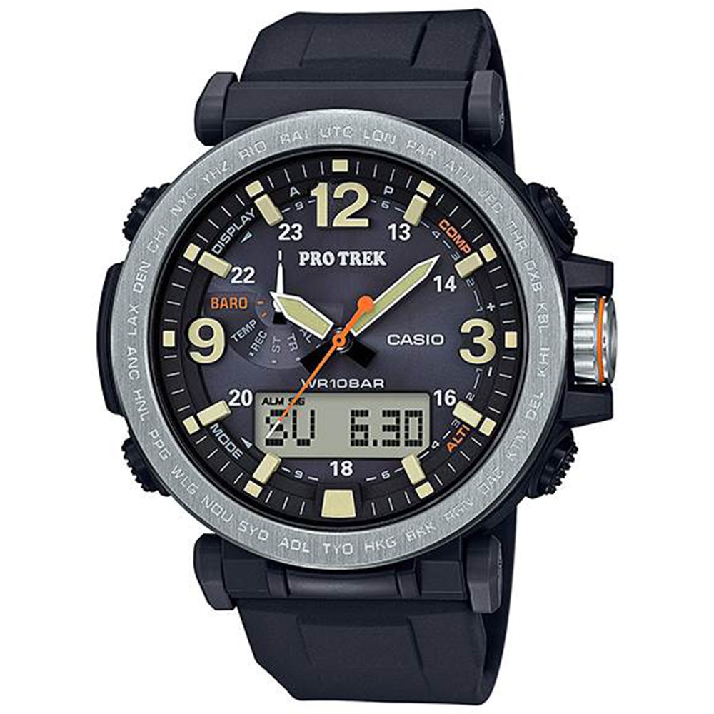 錶殼 / 錶圈材質：樹脂 / 不鏽鋼矽膠錶帶礦物玻璃Neobrite夜光塗料指針太陽能電力防水100米全自動雙LED照明抗低溫裝置(-10°C)數位羅盤：16方位測量與顯示測量範圍: 0°~ 359°