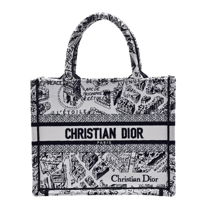 Dior 經典BOOK TOTE系列Plan de Paris刺繡帆布手提托特包(小_黑白色)