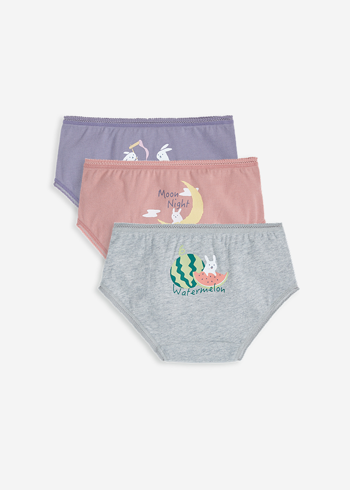 女童內褲：(女童三入組)小月兔．球球緊帶三角內褲(西瓜/月亮/麻糬兔)