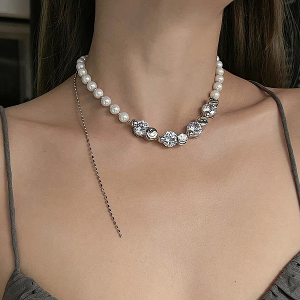 【珍珠項鍊】原創設計emoji系列個性笑臉鋯石珍珠鎖骨頸鍊氣質項鍊女