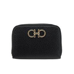 Ferragamo Gancini 金logo皮革拉鍊零錢/卡片包(黑)