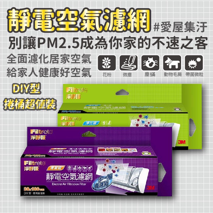 高效濾淨︰與N95口罩相同靜電濾淨原理，效能更升級，有效濾除室內空氣污染原。獨家專利︰3M專利製程，BMF微織熔噴技術，超細纖維上施加永久正負電荷靜電處理簡易黏貼︰方便剪裁輕鬆黏貼，多加一片原家庭空氣