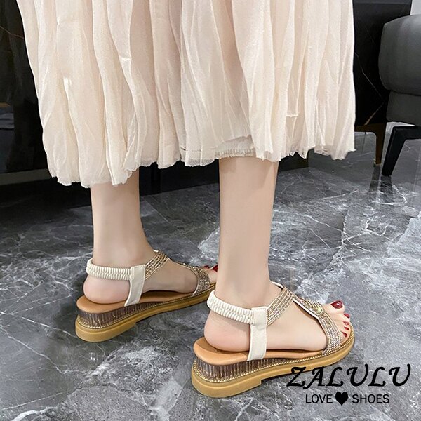 10EE556 預購 厚底奢華黑鑽平底涼鞋-2色-36-40【ZALULU愛鞋館】