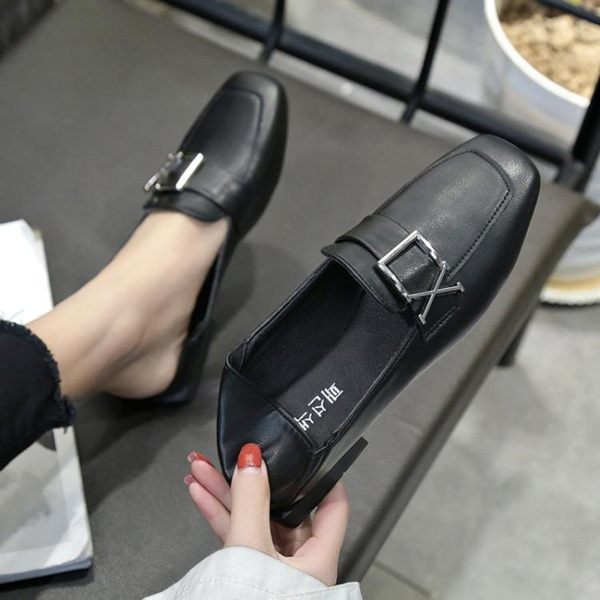 韓版方頭低跟單鞋女春季2019新款港風粗跟樂福鞋懶人兩穿小皮鞋女 萊俐亞