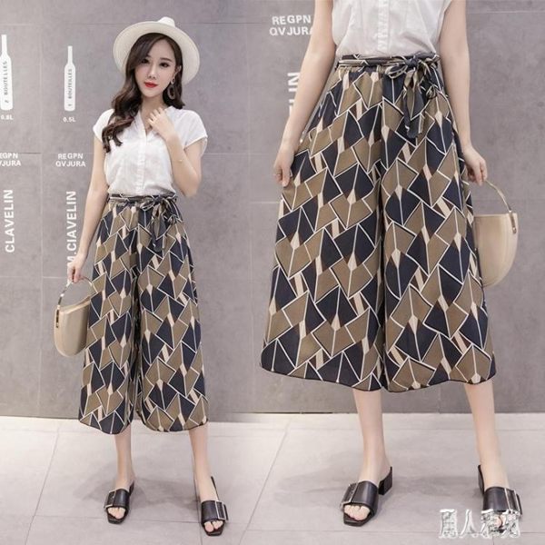 民族風寬褲中大尺碼 碎花條紋九分褲夏季度假沙灘褲波西米亞高腰雪紡闊腿褲 JA4725『麗人雅苑』