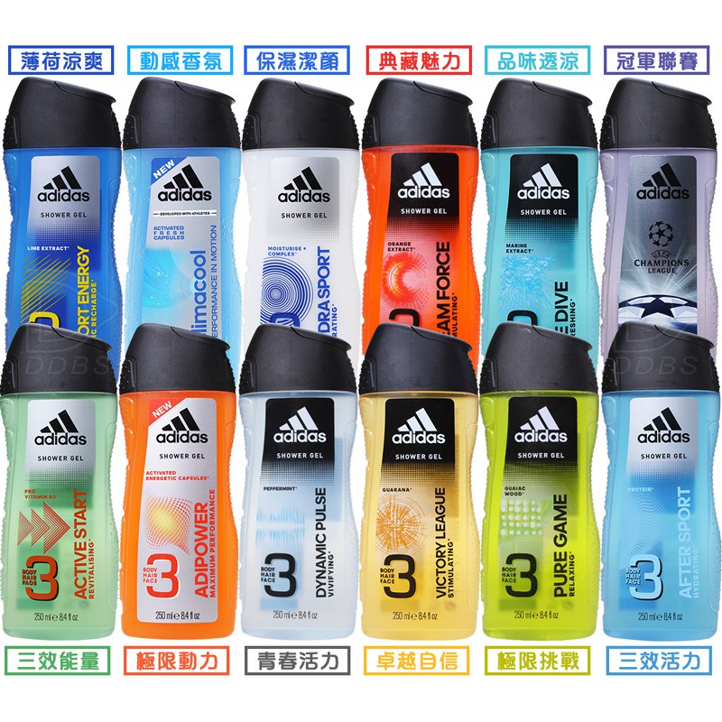 全館消費【商品金額】須滿100元(不含運費)才會安排出貨Adidas愛迪達 男用三效洗髮沐浴露 250ml 典藏魅力極限挑戰青春活力卓越自信動感香氛保濕潔顏極限動力冠軍聯賽薄荷涼爽製造地：西班牙容量：