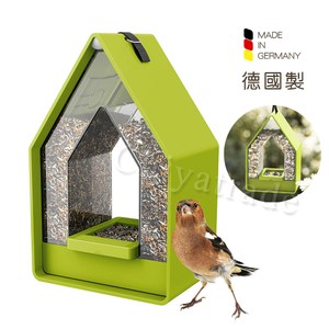 綁帶可綁掛於樹枝、橫槓上，附小勾洞可於掛勾上 德國設計，吃完飼料自動向上補充 卡扣拆裝設計，清鬆填裝飼料 可愛小屋造型，有屋頂飼料不易淋濕
