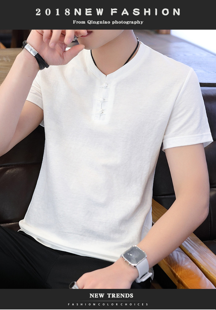男士短袖t恤潮流夏季中國風v領半袖棉麻休閒男裝夏裝2020新款上衣
