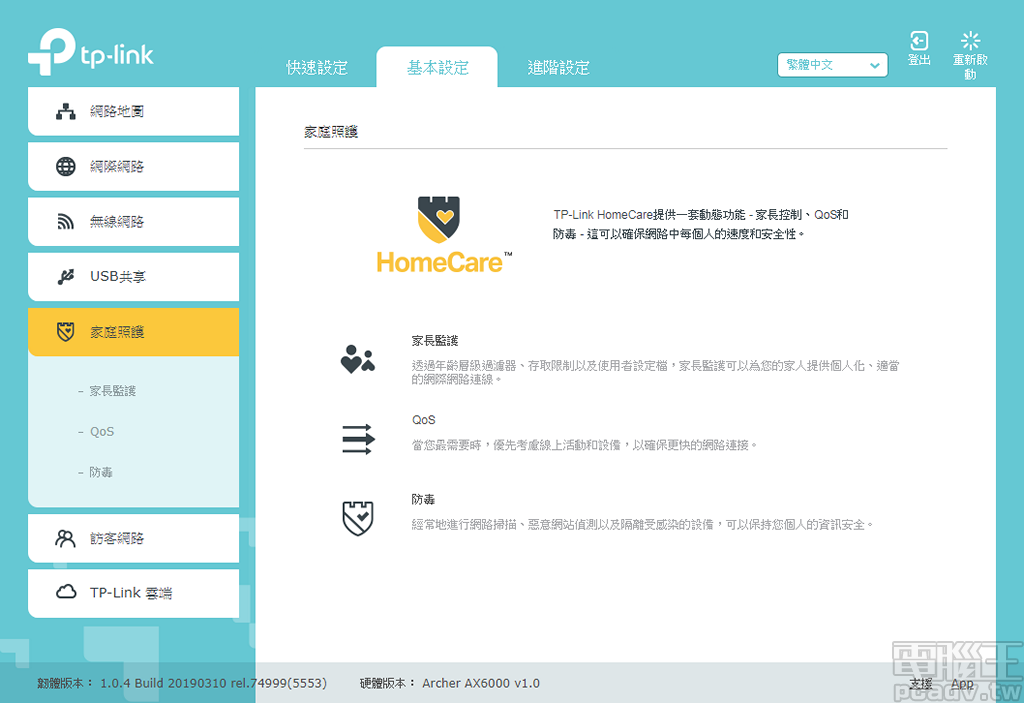 ▲ Archer AX6000 導入 Homecare 家庭照護功能，功能分為 3 大項：家長監護、QoS、防毒。