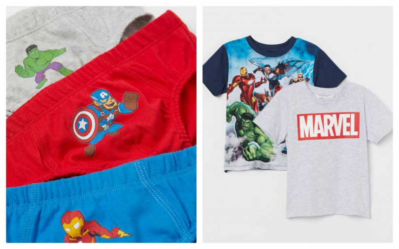 Marvel X H&M 漫威童裝聯名系列內褲與短袖T恤(左)內褲一組399元、(右)每件499元