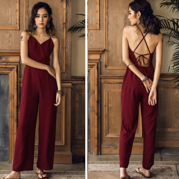 高腰露背吊帶連身褲寬管紅色長褲/設計家分店