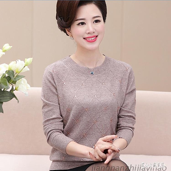 新春秋冬中老年女裝羊毛衫長袖上衣寬鬆媽媽裝秋裝打底衫中年毛衣