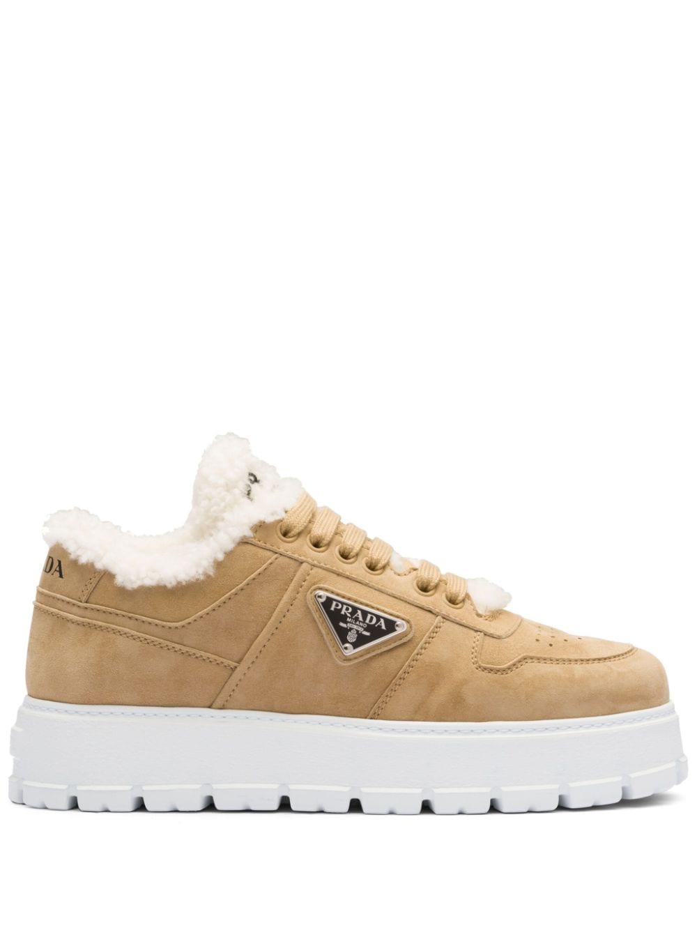 Prada - shearling-trim flatform sneakers - women - Suede/Sheep Skin/Shearling/Rubber - 41.5 - Neutrals