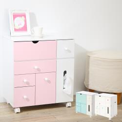 ◎收納、化妝、邊桌一次搞定|◎多功能化妝品收納空間|◎360度可固定活動輪類型:化妝櫃主材質:木質材質說明:纖維板、玻璃尺寸(公分):長53x寬33x高60cm顏色:白色系,粉紅色系,藍色系層數:四層