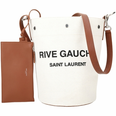 YSL Saint Laurent Rive Gauche 字母帆布可調斜背水桶包(附可拆萬用袋/棕色)
