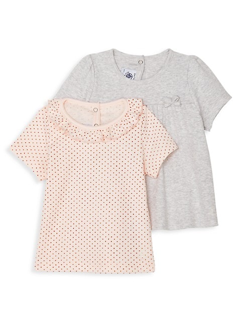 Short sleeve polka dot t -shirt with ruffle collar & solid grey t-shirt. Cotton. Machine wash. Impor