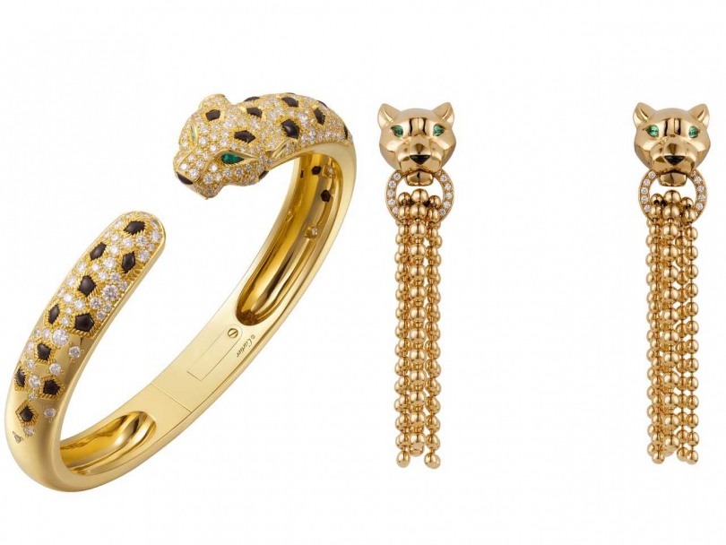 （左）Cartier「Panthère de Cartier系列」美洲豹手環╱1,570,000元；（右）Cartier「Panthère de Cartier系列」美洲豹流蘇耳環╱765,000元（圖片提供╱Cartier）