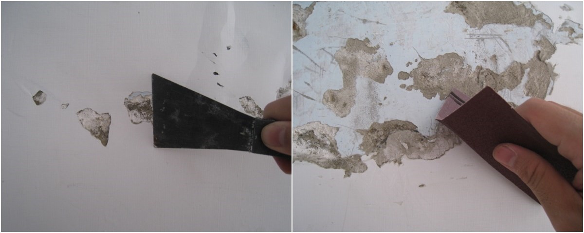 刮除表面批土與油漆層後，挖除劣化水泥砂漿層，至少 0.5 公分深（左）；再利用砂紙或鋼刷將不良砂漿和粉屑清除乾淨，並用濕布將粉屑擦除（右）。
