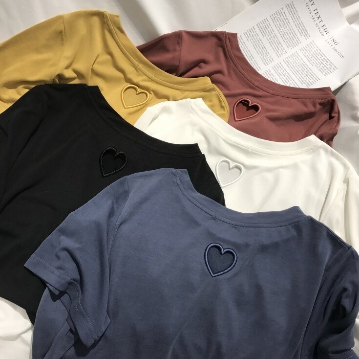 後愛心簍空簡約素T #976