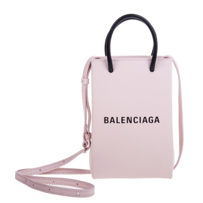 Balenciaga Shopping Phone Holder Bag粉底黑字Logo手提/肩背包
