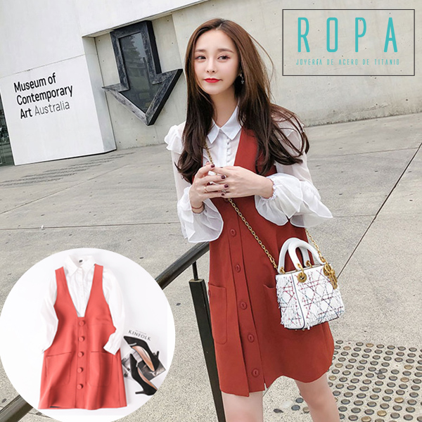 韓雙口袋時尚甜美無袖V領背帶洋裝【E332212】