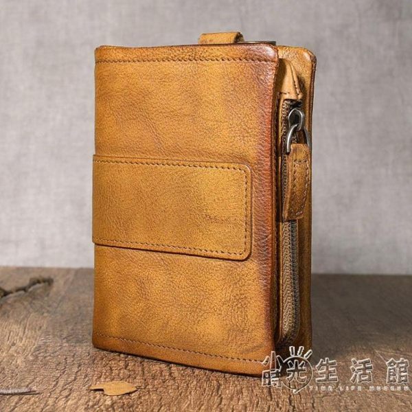 原創手工短款錢包復古頭層牛皮豎款拉錬男搭扣零錢包情侶青年 小時光生活館