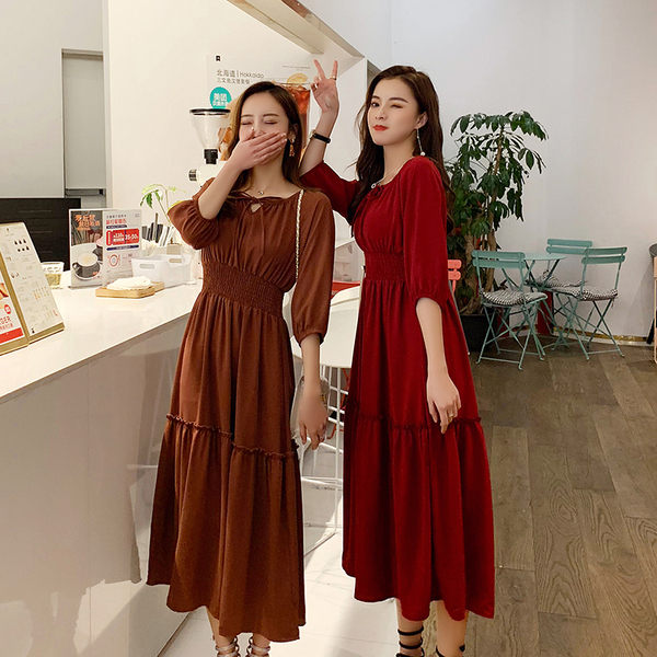【GZ53】實拍~春夏新品純色高腰顯瘦大擺連身裙女閨蜜洋裝