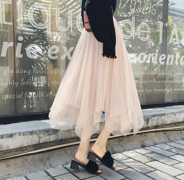 網紗裙-蕾絲裙不規則網紗半身裙春夏季小清新紗裙女A字仙女裙高腰顯瘦中長款