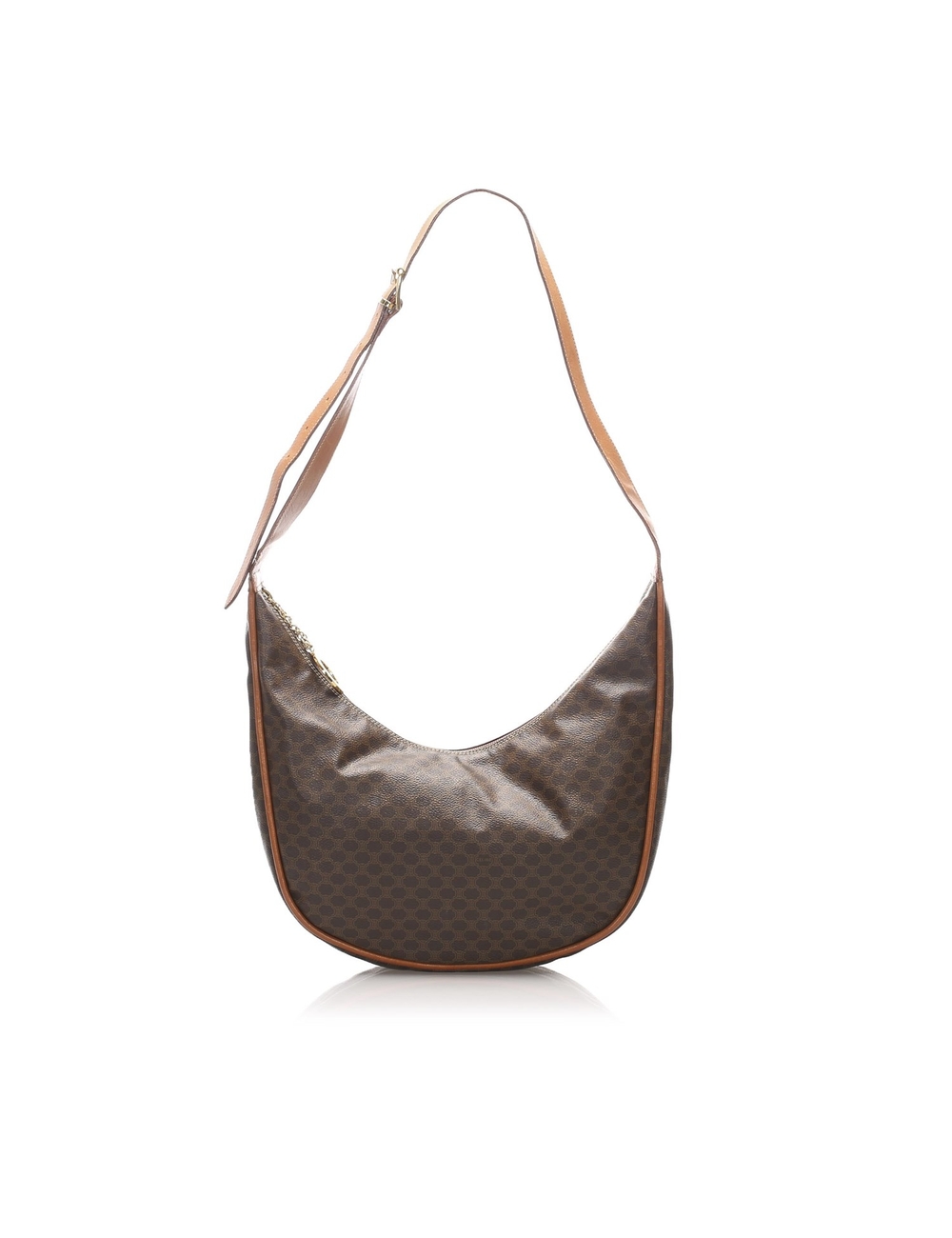 Product Details: Brown Celine Macadam Shoulder Bag. This shoulder bag features a PVC body, a flat le