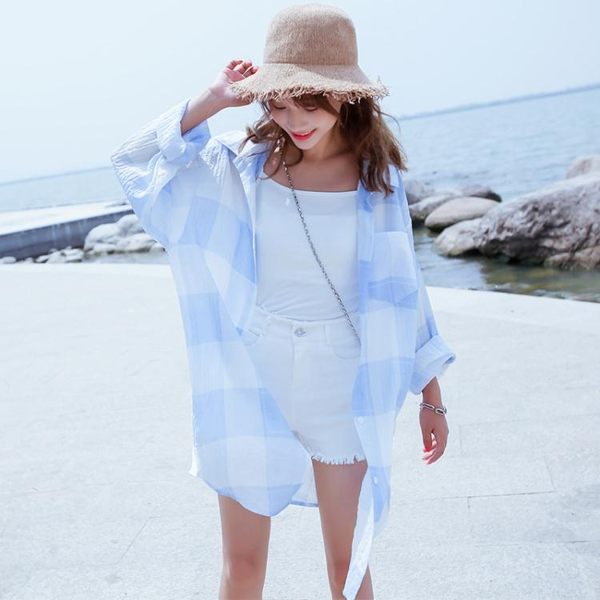 防曬衫-超薄防曬衣格子襯衫女長袖中長款春夏季新款韓版寬鬆學生襯衣 Korea時尚記