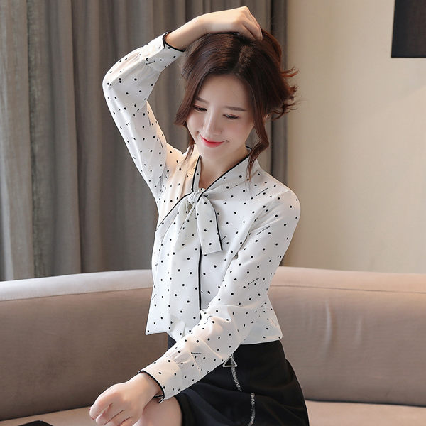 VK精品服飾 韓國風襯衫系帶圓點蝴蝶結長袖上衣