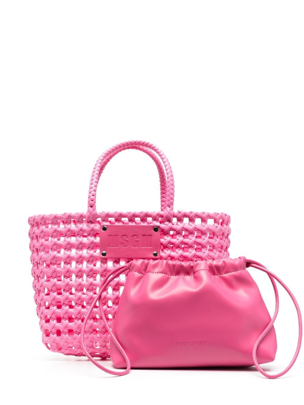 MSGM - logo-plaque woven tote bag - women - Calf Leather/PVC - One Size - Pink