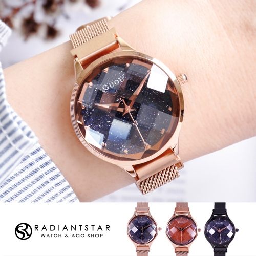 韓國GUOU銀幻星夜菱形球面花玻璃切面磁吸米蘭鍊帶手錶閨蜜禮【WGU66620L】璀璨之星☆