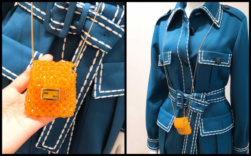 FENDI本季配件包款推出許多鏤空造型，也有許多超米你包，這款在秀場上還有個可愛小名叫做馬可龍包(被大家開玩笑可能只能放得下馬卡龍)，但其實是可以拿來放藍芽耳機或3C配件。Nano Baguette NT$28,700元。（圖片／黃筱婷攝影）