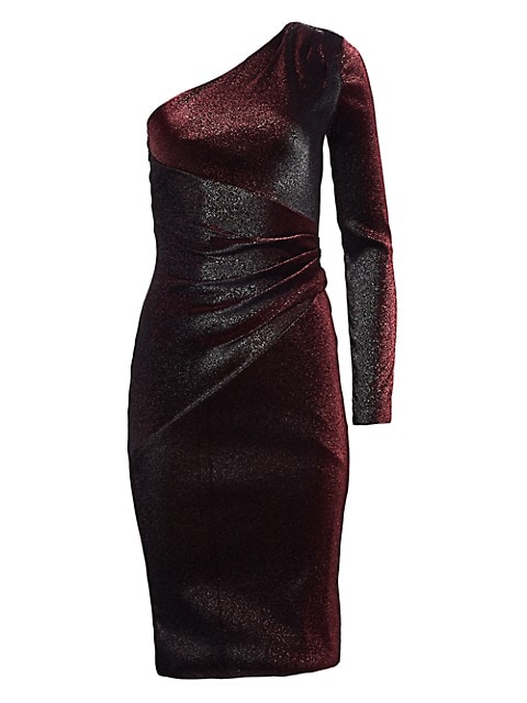 Well-placed seams and gathered details create an ultra-flattering shape on this sparkling asymmetric
