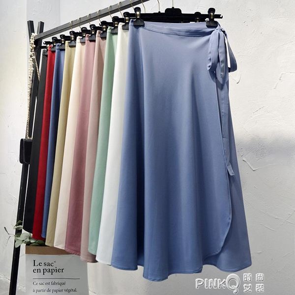 韓版繫帶高腰雪紡一片式半身裙女夏中長款INS超火的A字沙灘裹裙子 （PINKQ）