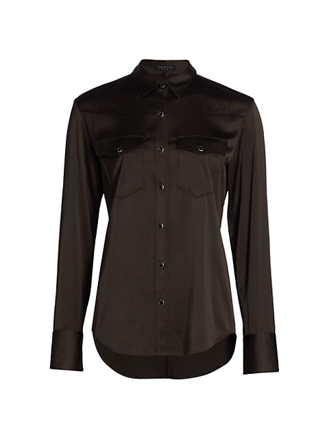 High-shine satin blouse for a glamorous look.; Point collar; Long sleeves; Snap placket; Snap flap p