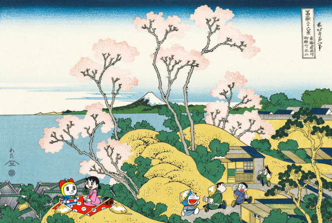 葛飾北斎「富嶽三十六景」の世界にドラえもんファミリーが登場 