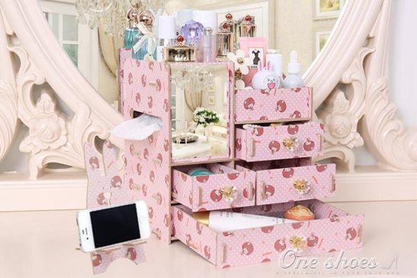 大號木質木制桌面整理收納盒抽屜 帶鏡子化妝品梳妝盒收納箱 one shoes