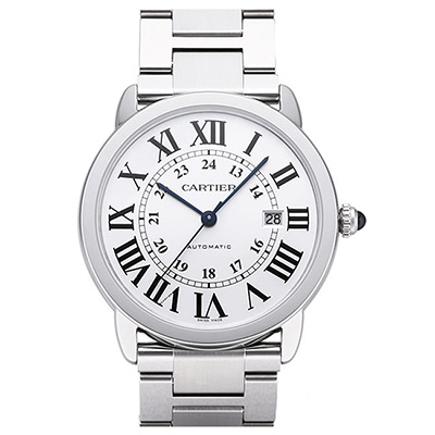 商品型號:W6701011卡地亞049型機械機芯錶冠鑲嵌藍寶石色凸圓形尖晶石羅馬數字搭配藍鋼指針