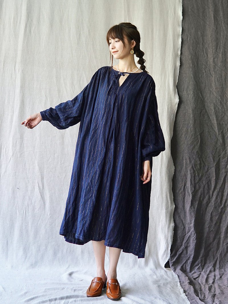 金線暗流藍染洋裝 宮廷袖優雅長裙連衣裙 秋冬新品