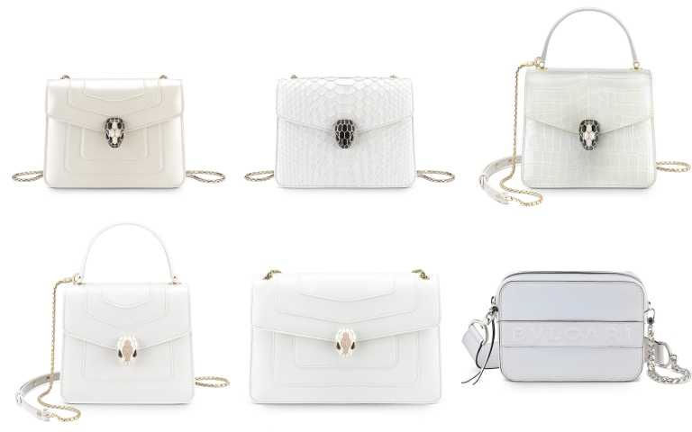 左起為：BVLGARI Serpenti Forever淨白瑪瑙色小牛皮肩背包／84,500元、Serpenti Forever淨白瑪瑙色蟒蛇皮肩背包／131,600元、Serpenti Forever淨白瑪瑙色鱷魚皮手提肩背包／868,000元、Serpenti Forever純白色小牛皮肩背包／101,600元、Serpenti Forever “7 Ways” 淨白瑪瑙色山羊皮相機包／55,500元（圖／品牌提供）