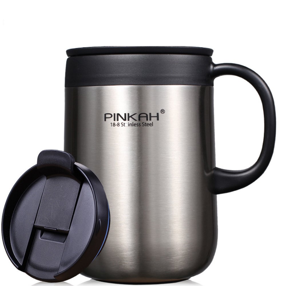 PUSH!辦公室保溫咖啡杯冷泡茶杯沖泡杯304不銹鋼保溫杯帶不碰鼻蓋460ML E106不鏽鋼色