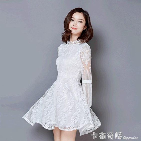 新款白色蕾絲洋裝女中長款長袖收腰顯瘦氣質A字裙子