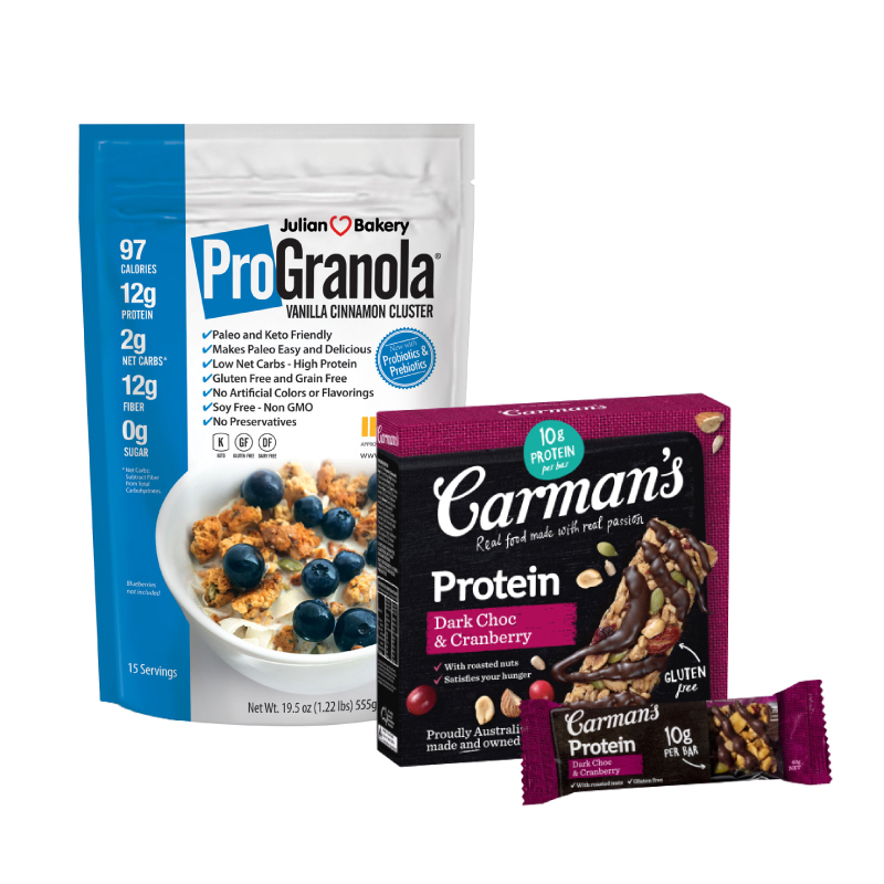 [熱銷TOP] 美國 Julian Bakery 香草肉桂酥脆高纖穀物 (555g) +[澳洲 Carman’s] 黑巧克力蔓越莓蛋白質棒 (5條/盒)