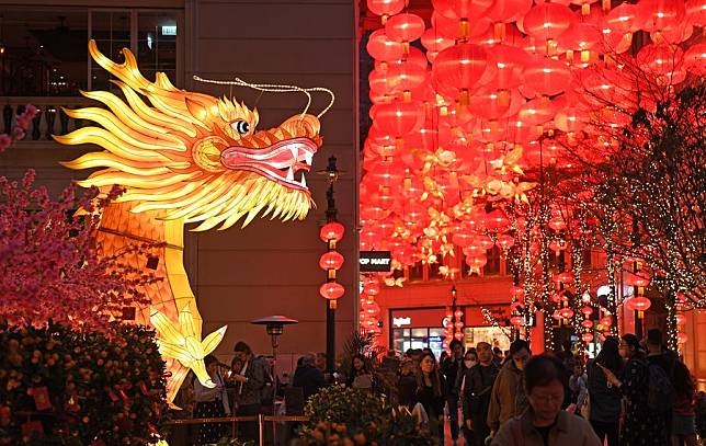 Spring Festival decorations are seen on a street in Hong Kong, south China, Jan. 31, 2024. (Xinhua/Chen Duo)